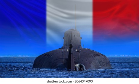 Navy France. Sub Boat In Ocean. Navy France. Nuclear Attack Submarines. Submarine Production Concept In France. Submarine Fleet. French Flag On Sky Background. Sub Boat Back View.