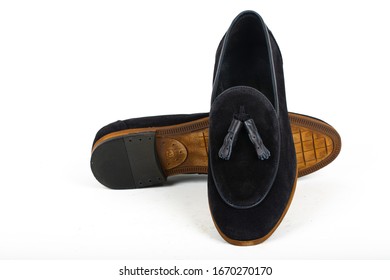 Navy Suede Or Nubuck Mens Shoes On White Isolated Background