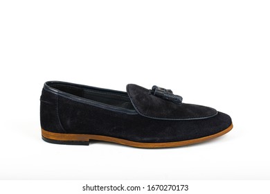 Navy Suede Or Nubuck Mens Shoes On White Isolated Background