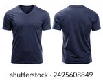 Navy V-neck t-shirt design templates front and back view, Blank t shirt mock up template isolated on white background, plain t-shirt mockup. V Neck tee design presentation for print.