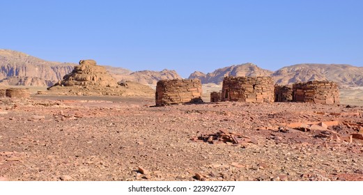 Nawamis - circular prehistoric stone tombs located in the Sinai desert of Egypt. Archaeological site with mysterious Nawamis buildings. - Shutterstock ID 2239627677