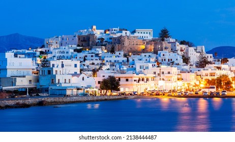Naxos island aerial panoramic view at night. Naxos is the largest of the Cyclades island group in the Aegean, Greece