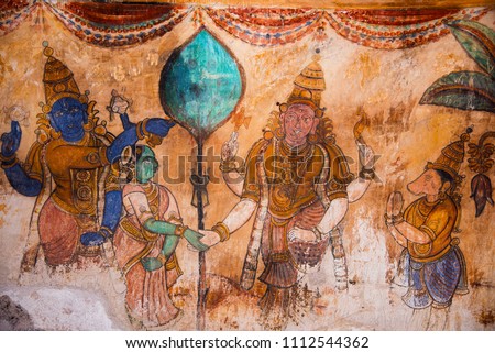 Nayaka painting on the inside wall of the cloister mandappa. Brihadishvara Temple, Thanjavur, Tamil Nadu, India