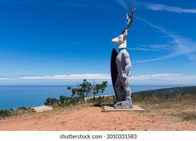 Nazare, Portugal - 07.12.2021: Surf Deer Monument