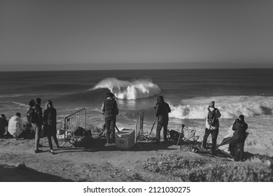 Nazare, Portugal: 13.December 2022: People Are Watching The Nazare Surfing Challenge