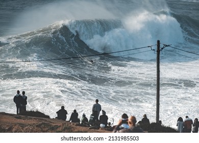 Nazare, Portugal: 13.December 2022: People Are Watching The Nazare Surfing Challenge