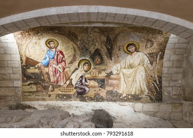 Nazareth, Israel, December 23, 2017 : Hall in the dungeon under the St. Joseph's Church wall in the old city of Nazareth in Israel