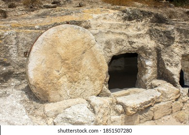 Nazareth / Israel – July 11, 2010: View of a roadside rolling stone tomb near Nazareth,  Israel. 