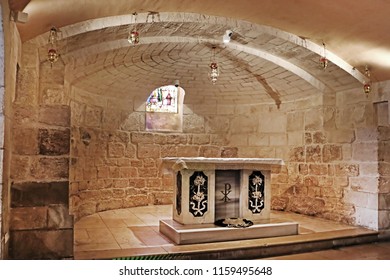 NAZARETH, ISRAEL - SEPTEMBER 21, 2017:  Hall in the dungeon under the St. Joseph's Church wall in the old city