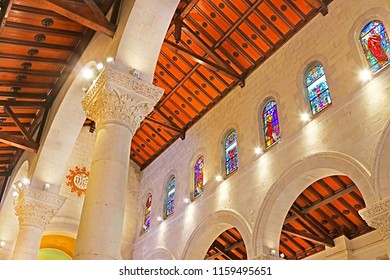 NAZARETH, ISRAEL - SEPTEMBER 21, 2017: Interior of St. Joseph's Church,a Franciscan Roman Catholic church in the Old City, built in 1914 over the remains of much older churches