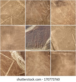 Nazca Lines, Peru - Unesco Heritage (from Top Left: Scorpion, Monkey, Sea Bird, Hand, Giant, Spider, Whale, Hummingbird, Tree)