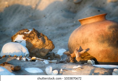 Nazca Mummy And Pottery On An Ancient Cemetery In The Desert Near Nzca (Peru)