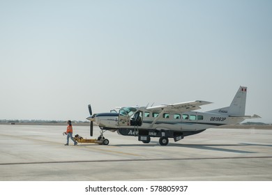 NAZCA, PERU -  February 01, 2017: Small Airplane On An Airstrip Of Nazca. This Plane Is Waiting To Take Tourists Over The Nazca Lines.
