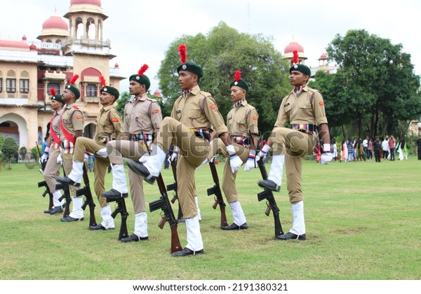 NCC cadets are doing parade\
in park. National Cadet Corps are performing parade on the Indian\
independence day. 15 August 2022, Prayagraj,  Allahabad,\
India.