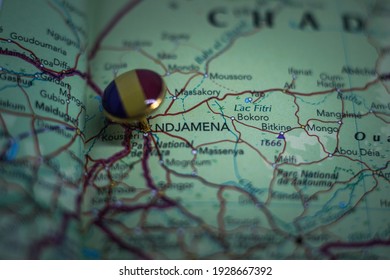 N'Djamena Pinned On A Map With The Flag Of Chad