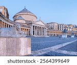 Neaples - The Basilica Reale Pontificia San Francesco da Paola and monument to Charles VII of Naples - Piazza del Plebiscito square in the morning dusk.