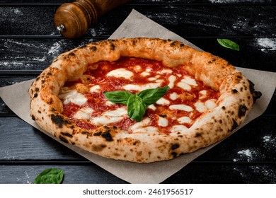 neapolitan homemade pizza margarita from the brick oven. Napoleon Italian Pizza with fresh mozzarella and basil leaves. true Italian Traditional Pizza Margherita - Powered by Shutterstock