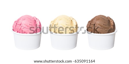 Neapolitan ice cream scoops in white cups of chocolate, strawberry, and vanilla flavours isolated on white background (clipping path included)