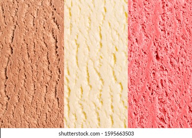 Neapolitan Ice Cream Texture Or Background With Vanilla, Chocolate And Strawberry Flavor.