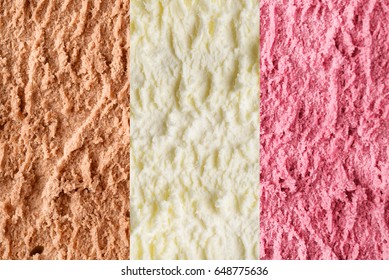 Neapolitan Ice Cream From Vanilla, Chocolate, And Strawberry Texture Or Background Macro Shot