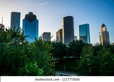 Near Buffalo River And Sabine Street Bridge Rising Downtown Towers Of Financial Wealthy And Property Value The Skyline Cityscape Of Houston , Texas , USA Big City Of East Texas Near Gulf Coast