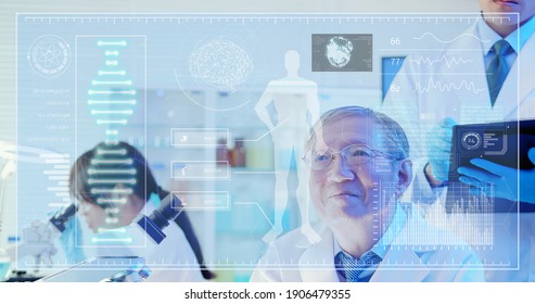 in the near future asian elder scientist research biological technology with young team through virtual screen - Powered by Shutterstock