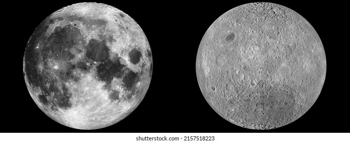 The near side of the Moon and the far side of the Moon. Comparison between the two hemispheres of the Moon. Elements of this image were furnished by NASA. - Shutterstock ID 2157518223