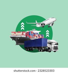 nearshoring, international shipping, plane, container ship, shipping plane, geographic proximity, relocation of shipments, relocate, logistical advantages, reduce shipping costs, concept, collage art - Shutterstock ID 2328523303