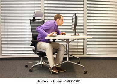 Near-sightedness,  Myopia,bad Posture Office Worker At Work Station