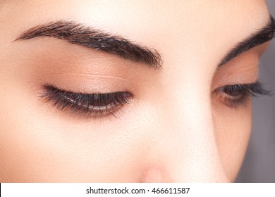 Neat Eyebrows. Long Black Lashes.Cosmetics & Make-up. Beautiful Female. 