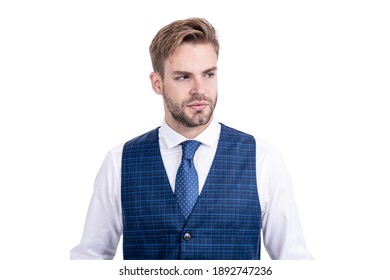 Neat Hairstyle For Classy Look. Unshaven Man With Stylish Hair Isolated On White. Trendy Short Haircut. Hair Salon. Barbershop. Classic Cut For Business Professional.