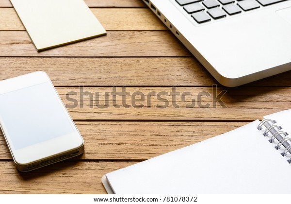 Neat Wooden Desktop Smartphone Laptop Notebook Stock Image