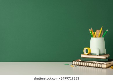 A neatly arranged desk with school supplies that include pencils, notebooks, and a pencil holder, indicating a back to school theme