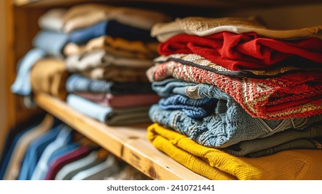 Neatly folded clothing in a variety of colors and patterns are stacked on wooden shelves, showcasing a cozy and organized closet space - Powered by Shutterstock