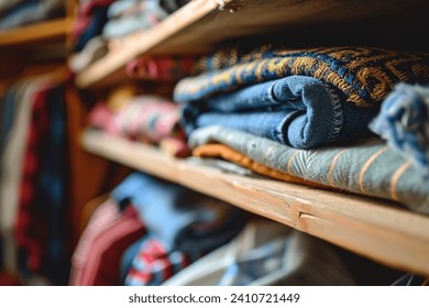 Neatly folded clothing in a variety of colors and patterns are stacked on wooden shelves, showcasing a cozy and organized closet space - Powered by Shutterstock