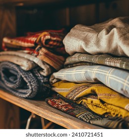 Neatly folded clothing in a variety of colors and patterns are stacked on wooden shelves, showcasing a cozy and organized closet space - Powered by Shutterstock