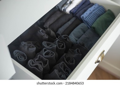 Neatly Folded Underwear And Socks Male Cupboard Japanese Method Clothes Storage Organization. Man Wardrobe Open Dresser Drawer Personal Clothing Textile Comfortable Keeping. Cleaning Maintaining