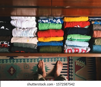 Neatly Organized T-shirt Drawer Using Konmari Method.