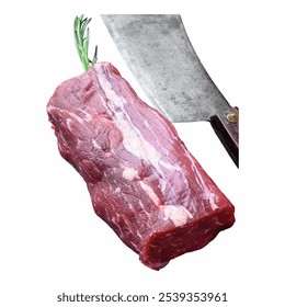 A neatly trimmed piece of raw beef is displayed on a white surface, accompanied by a kitchen cleaver and a fresh sprig of rosemary, ideal for culinary preparations Isolated on white background - Powered by Shutterstock