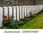 A neatly-lined row of graves, adorned with flowers, stands against a wall at the Canadian War Cemetery at Vimy Ridge near Arras, France.