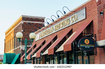 Nebraska, USA - Aug 8, 2017: Empyrean Brewing Company brick building facade; in the Haymarket district, Lincoln.