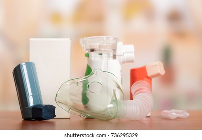 Nebulizer, Inhaler, Peak Flow Meter, Spacer, Nebula, Anti-inflammatory Drugs To Manage Asthma. Bronchi Asthma Concept