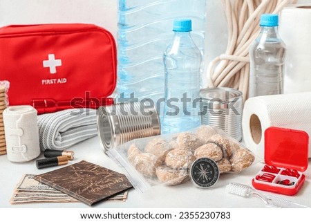 Necessities for emergency bag on white table Сток-фото © 