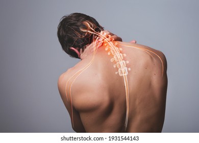 Neck pain, man back acute painful zone	
