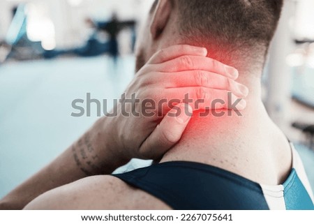 Neck pain, sport injury and person with fitness, muscle tension or hand, gymnast at gym and red overlay. Sports accident, medical emergency and competition with gymnastics, inflamed of joint Stockfoto © 