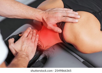 Neck pain treatment in a physiotherapist clinic. Professional therapy session for rehabilitation and relaxation. Female patient receiving care in a medical setting with pain spot marked in red. - Powered by Shutterstock