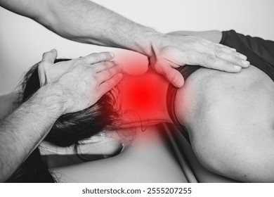 Neck pain treatment in a physiotherapist clinic. Professional therapy session for rehabilitation and relaxation. Female patient receiving care in a medical setting with pain spot marked in red. - Powered by Shutterstock