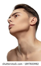 Neck. Portrait of young man isolated on white studio background. Caucasian attractive male model. Concept of fashion and beauty, self-care, body and skin care. Handsome boy with well-kept skin.