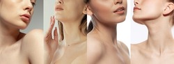 Neck, Shoulders, Chin. Set Of Cropped Images Of Different Girls With Well-kept Young Skin Without Makeup Isolated On Light Background. Beauty, Skin Care, Facebuilding, Eco, Cosmetological Products, Ad