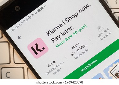 Neckargemuend, Germany: May 6, 2021: app icon of the klarna app in an app store on phone screen top view, Illustrative Editorial.